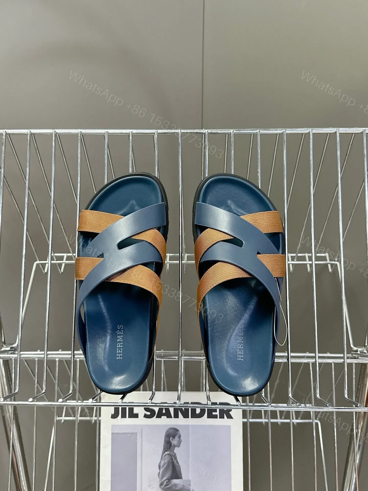 View 2 of Hermes Women Navy Blue Leather And Brown Sandals