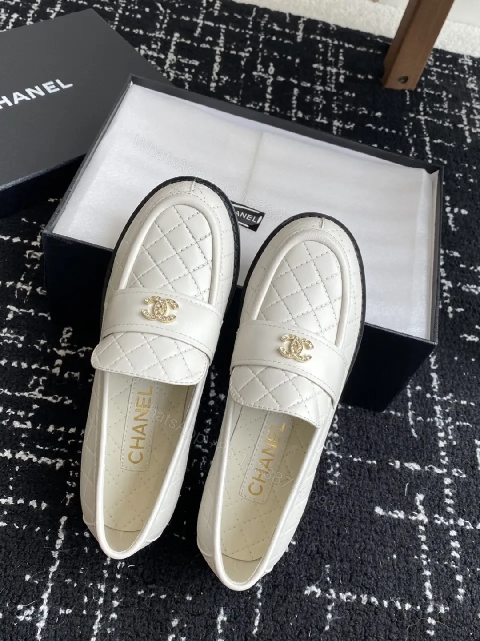View 3 of Quilted White Leather Loafers with Gold Hardware, All-Day Comfort