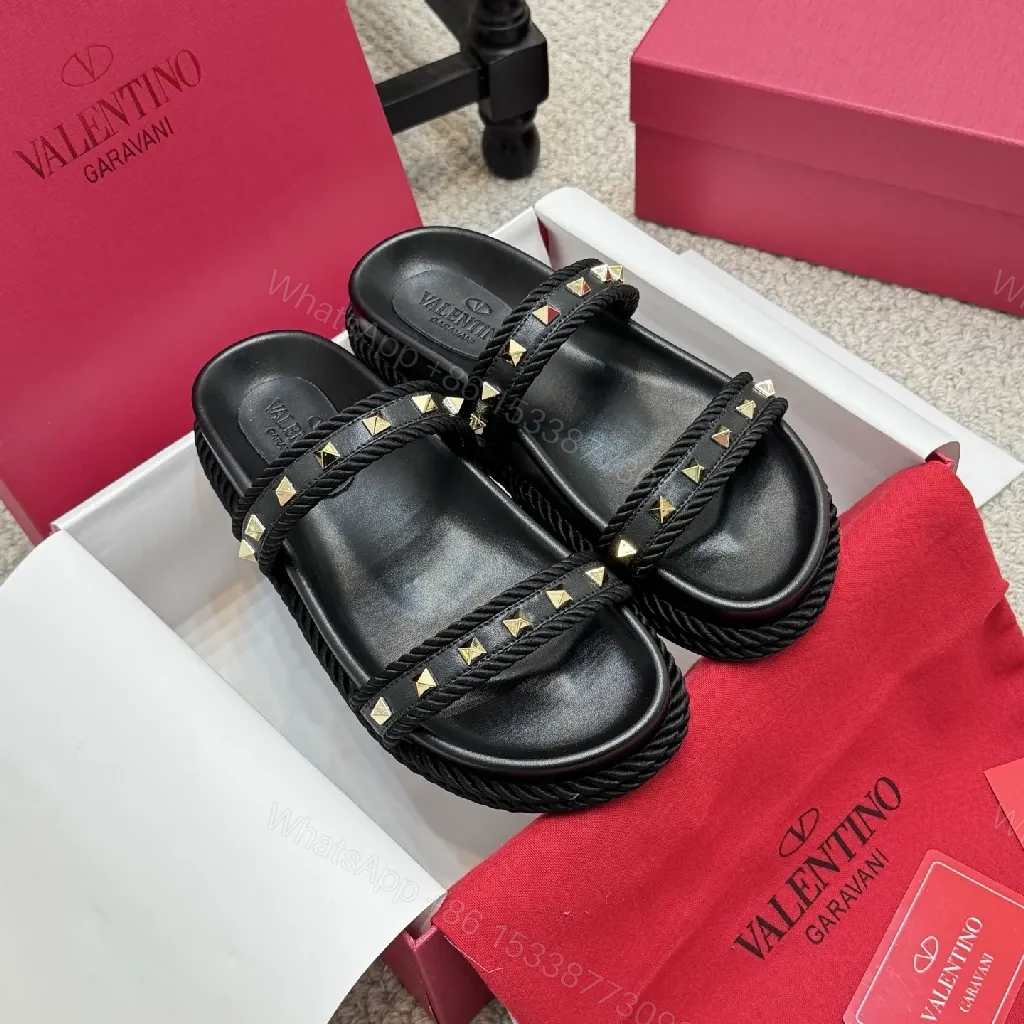 Statement Leather Slide with Rope Trim Studs — view 1