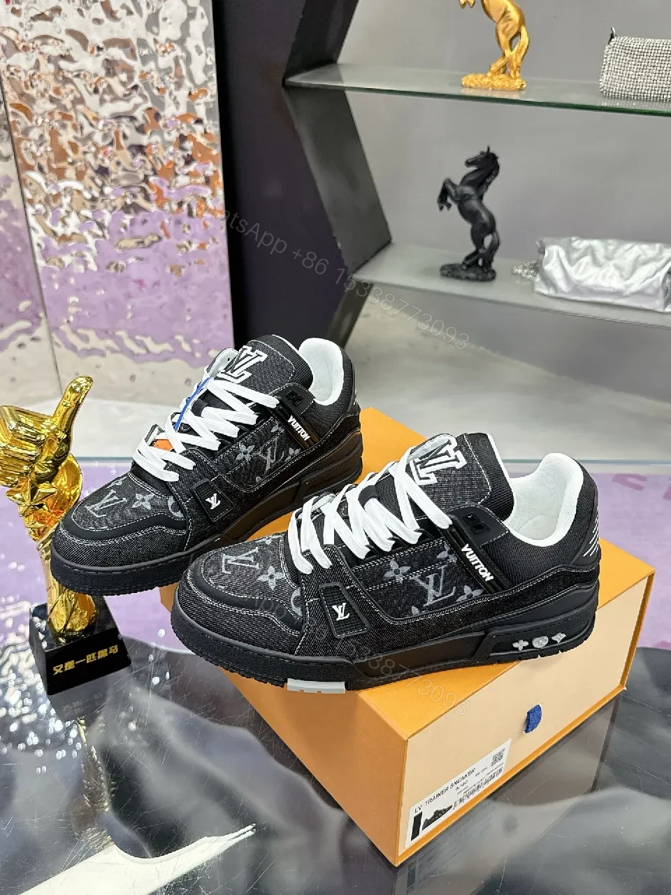 View 5 of Bold Black Denim-Textured Sneakers with LV Monogram