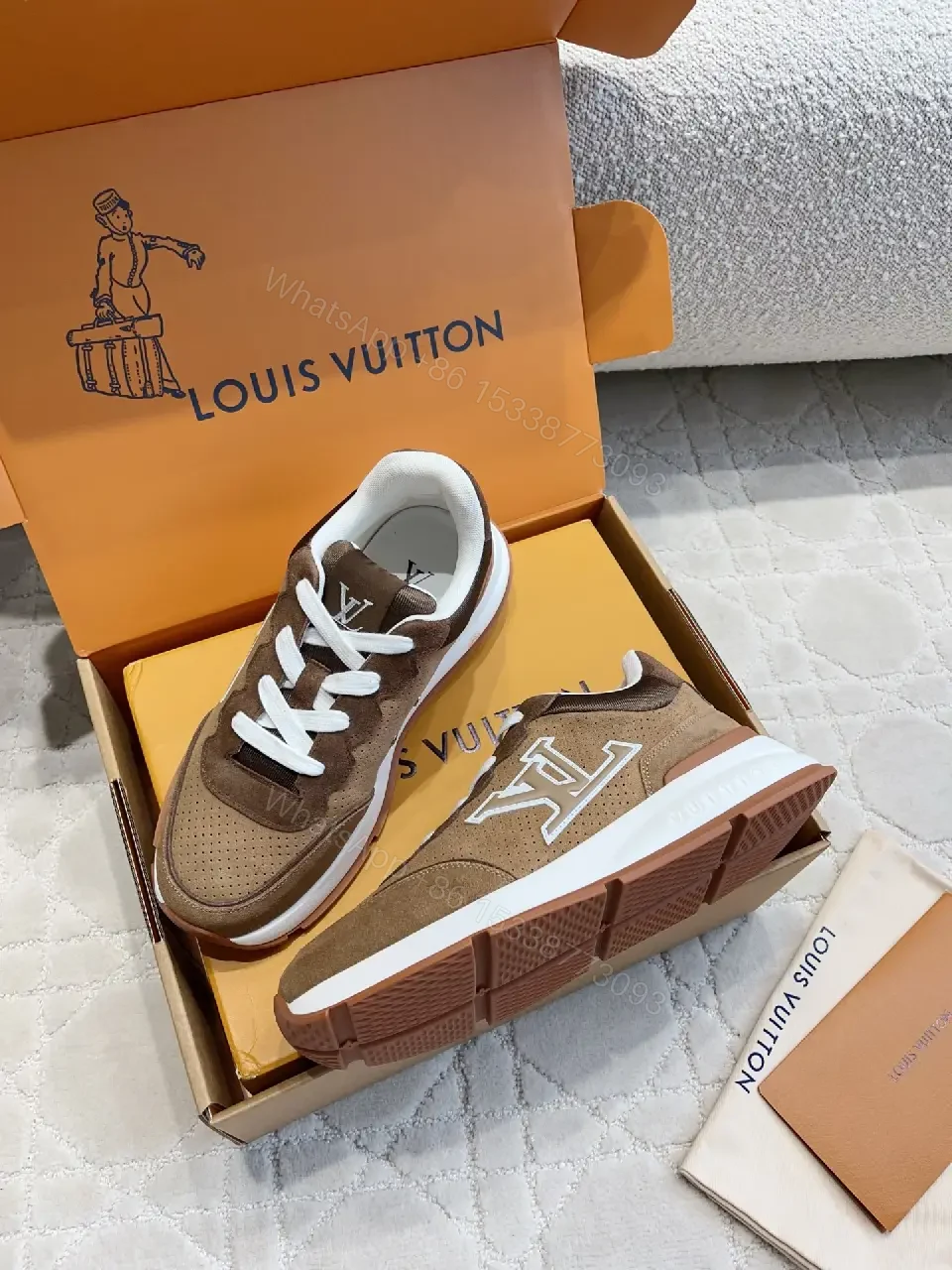 View 6 of Brown Leather Suede Modern Logo Accent Louis Vuitton Shoes