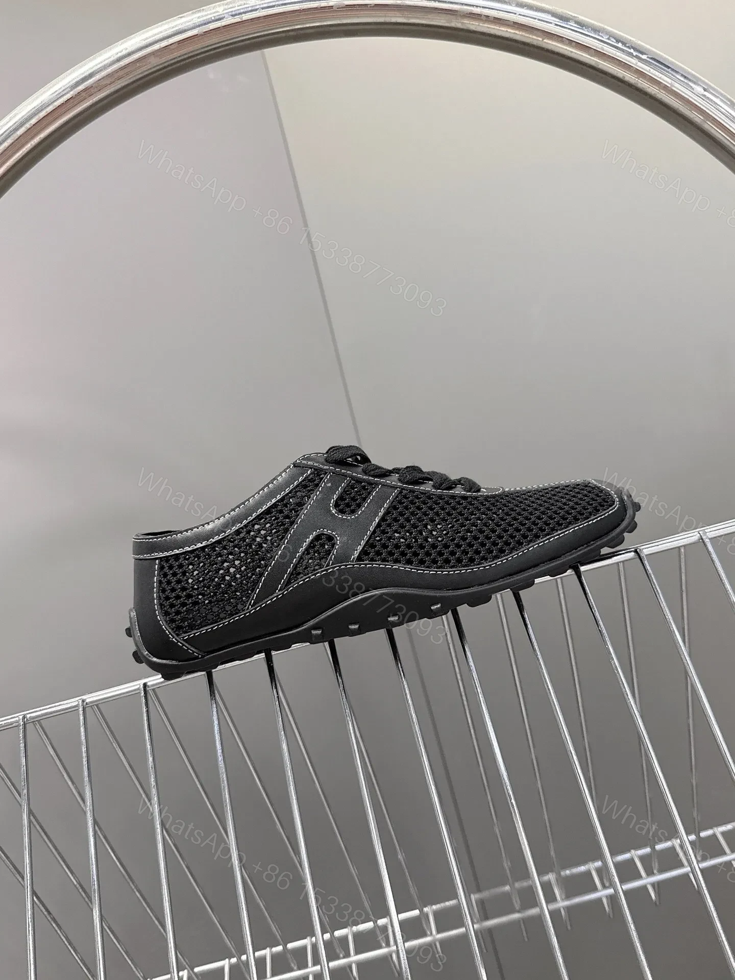 View 6 of Hermes Women Black Mesh Leather Sneakers