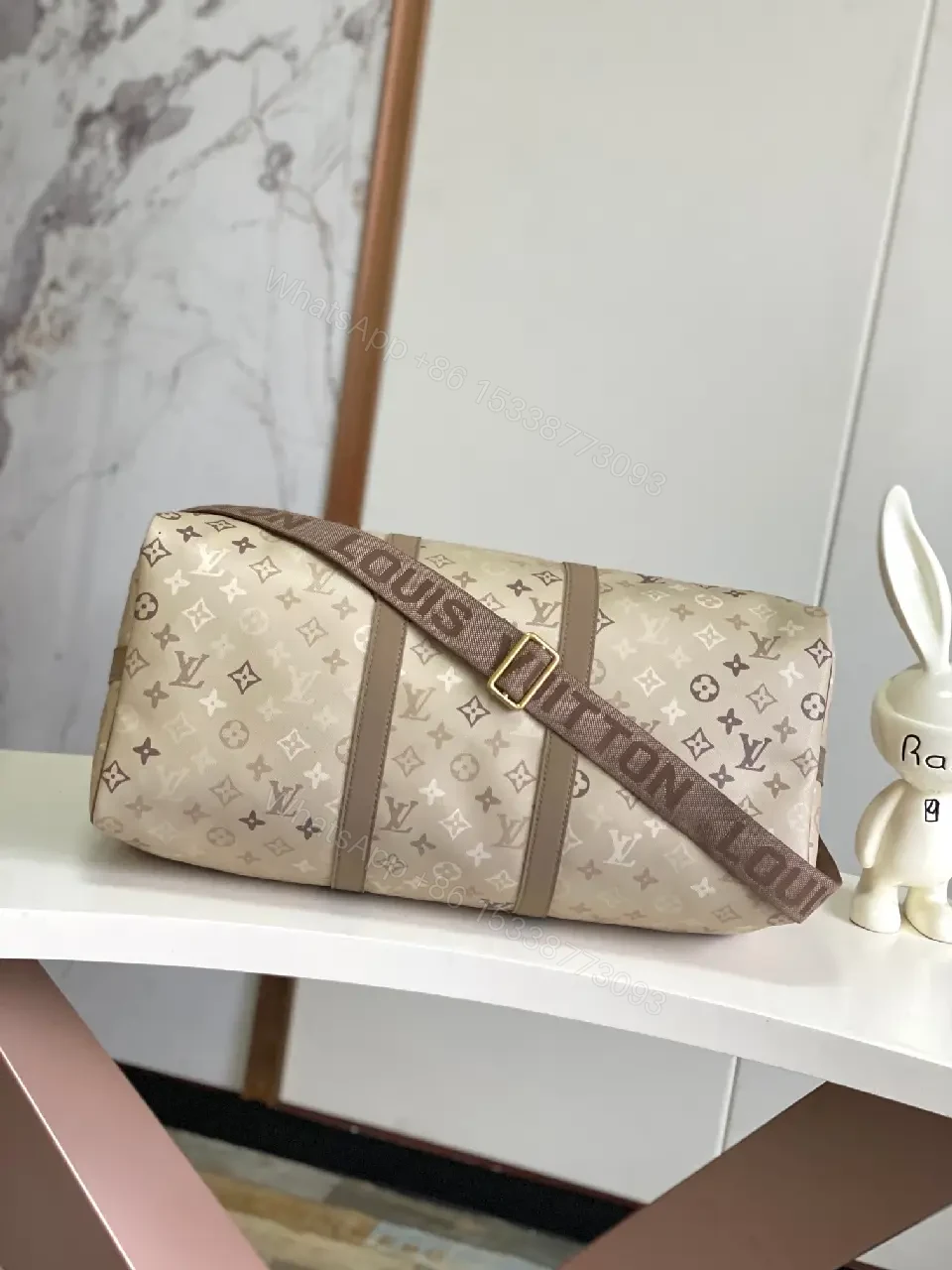 View 4 of Light Taupe LV Monogram Duffle — Canvas, Leather Trim, Top Zip, Recessed Gold Hardware