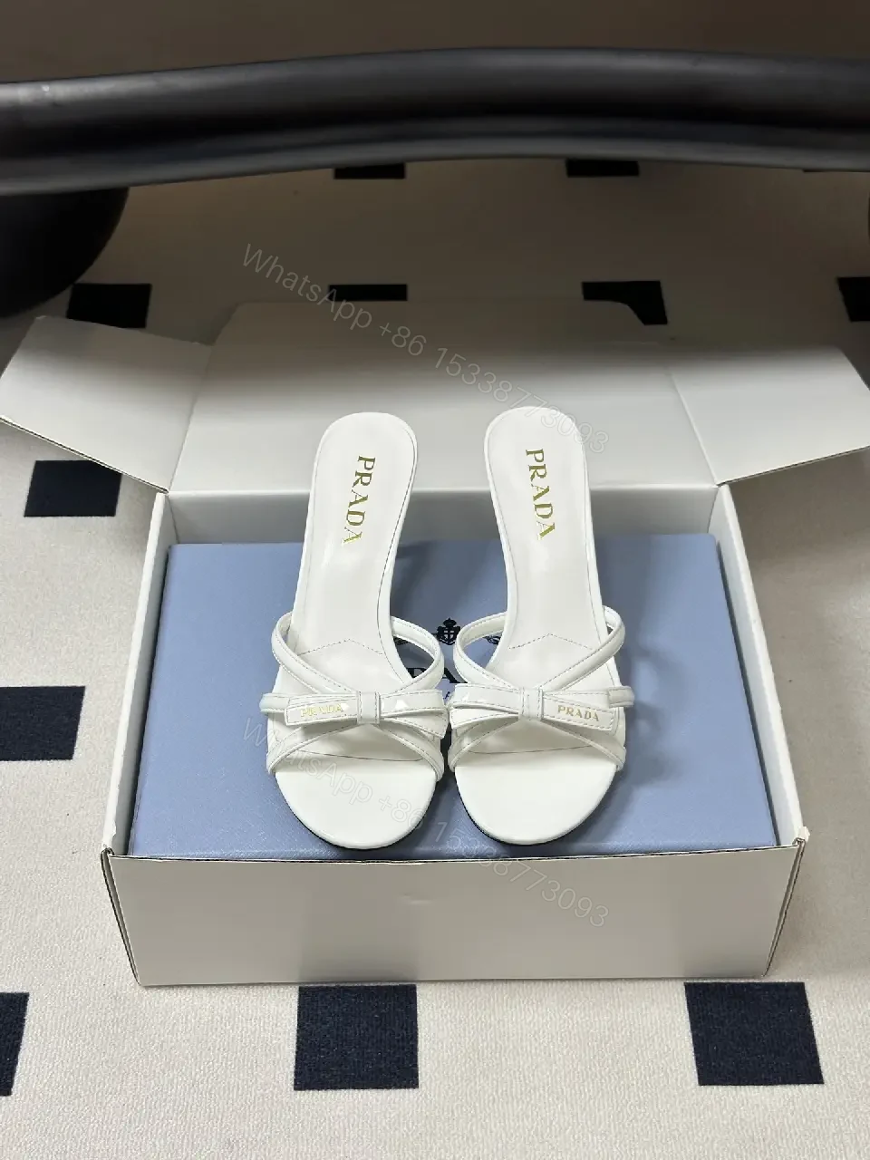 View 10 of White Leather Sandals Shoes with Knot Straps - Prada Style Heels