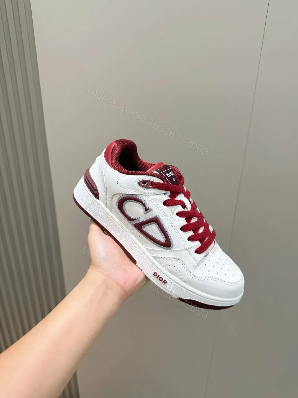 View 6 of White Leather Burgundy Accented Low-Top Sneakers: Modern Luxury Style