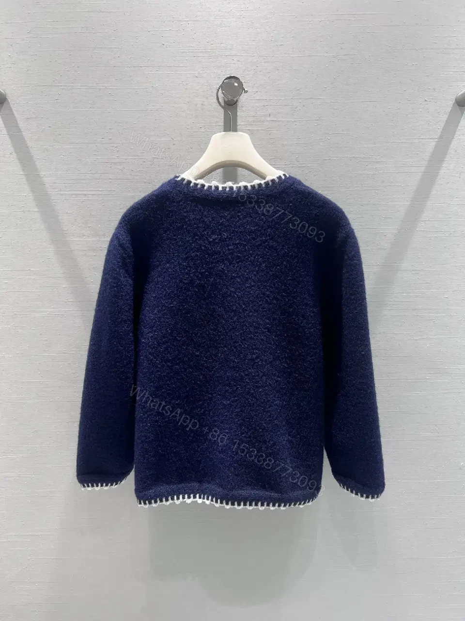 View 5 of Navy Bouclé Knit Cardigan with Logo Detail