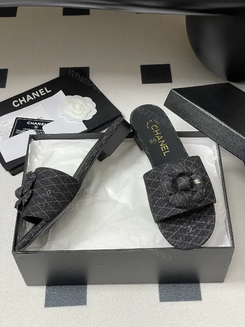 View 9 of Quilted Tweed Slides with Camellia Charm, Open-Back Luxury