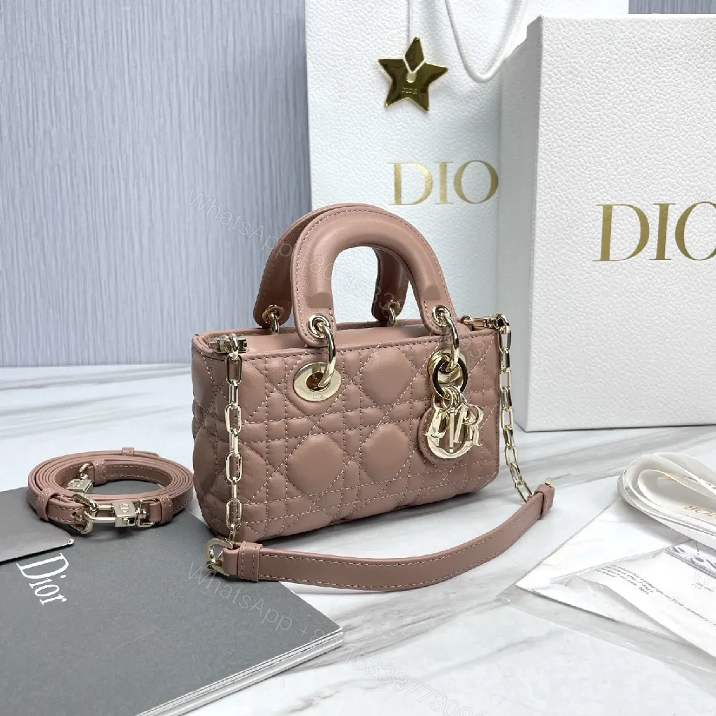 View 5 of Soft Pink Quilted Mini Crossbody with Gold Charms - Compact Luxury Bag