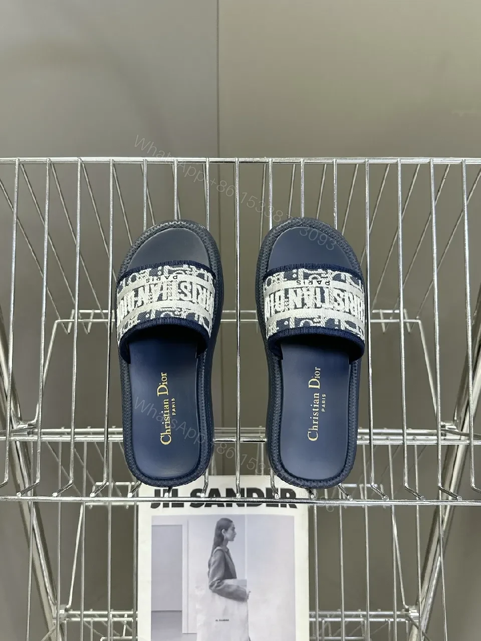 View 7 of Textured Navy Slides: Wide Logo Strap, Elevated Comfort
