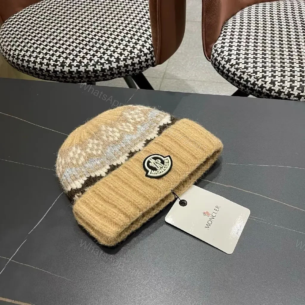 View 7 of Chunky Knit Beanie – Textured Camel Knit, Moncler-Inspired Patch, Luxury Warmth