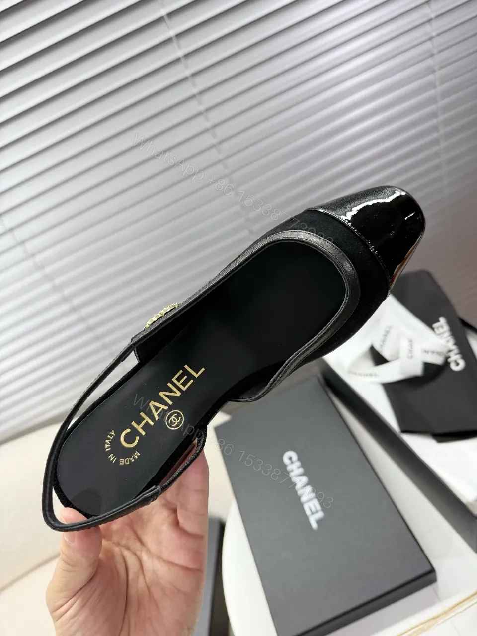 View 6 of Black Satin Slingback Mule with Patent Toe Cap - Elegant Everyday Luxury