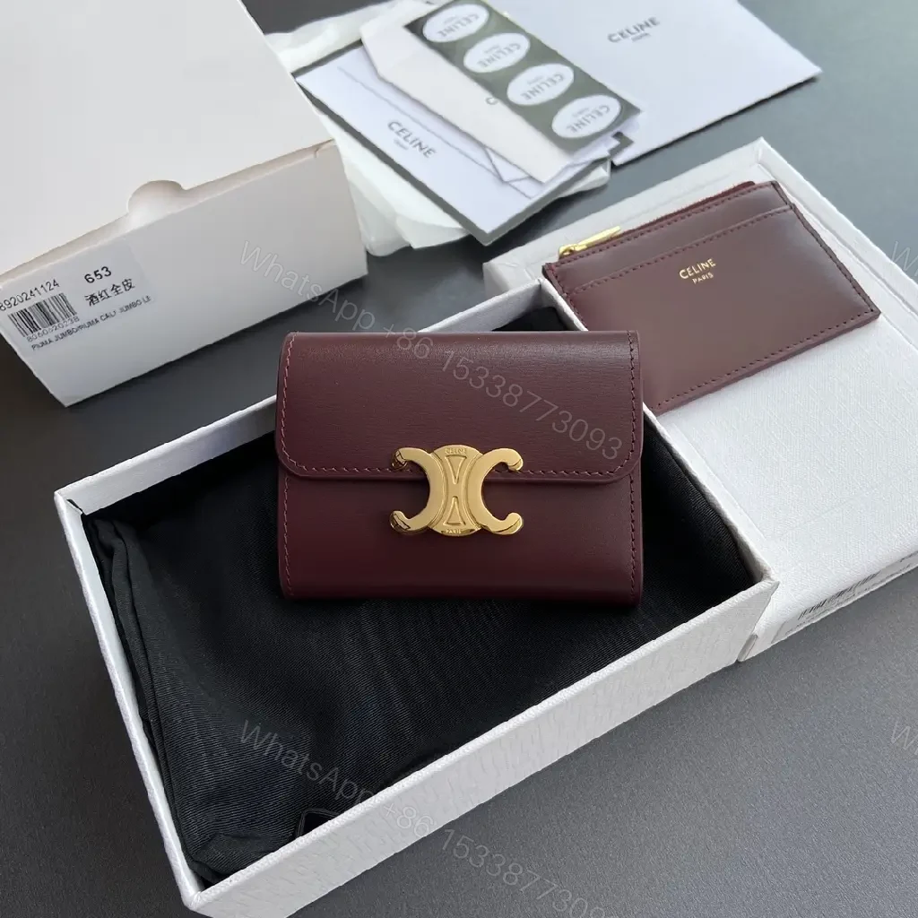 View 9 of Burgundy Leather Wallet with Gold Clasp - Compact Elegance