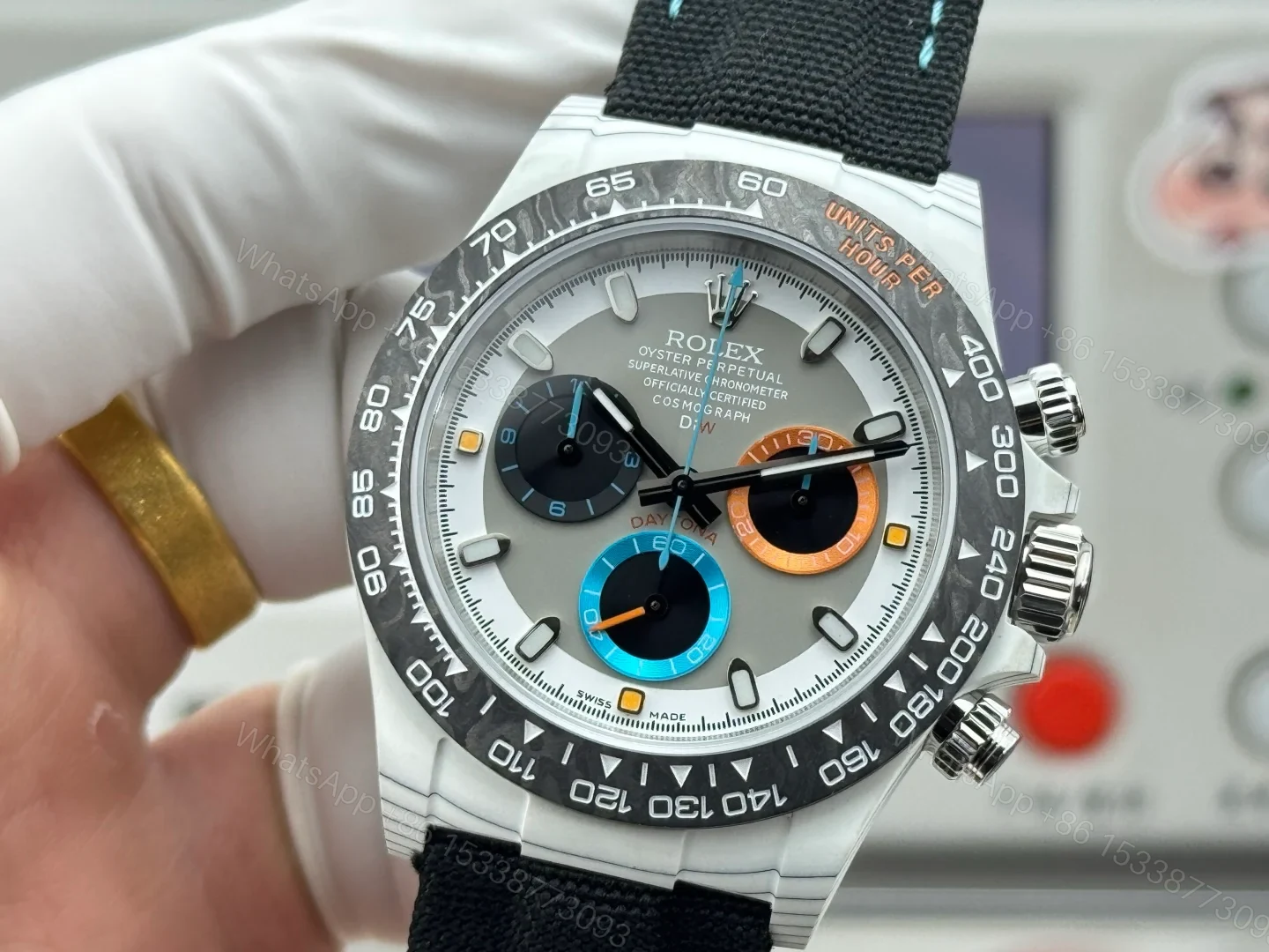 View 7 of Rolex Daytona Grey Carbon Fiber Replica 40MM Premium Black Fabric Strap RG-DAYTONA-GREY-CF-40