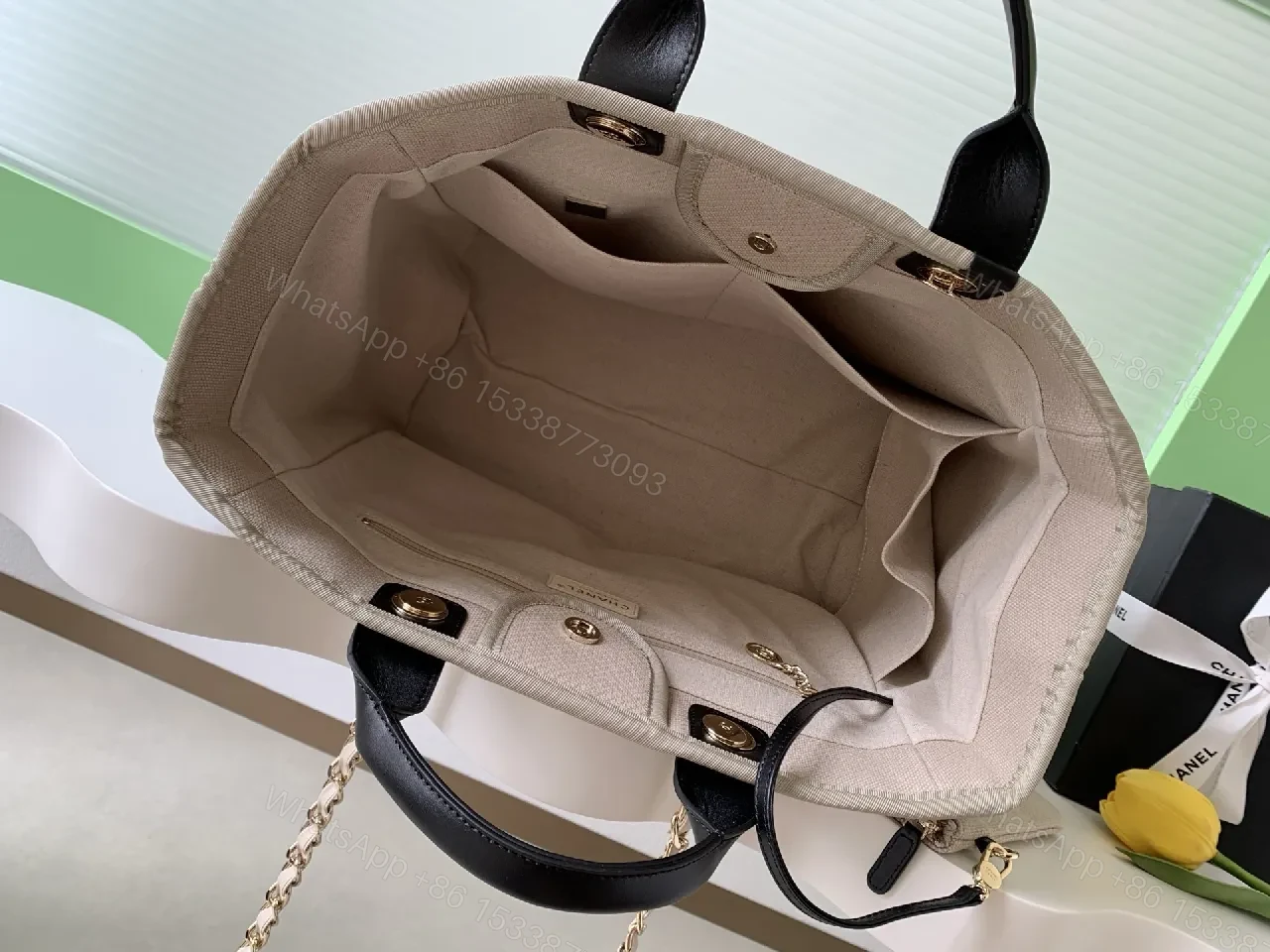 View 7 of Beige Canvas Tote: Chanel-Inspired Luxe Utility Bag