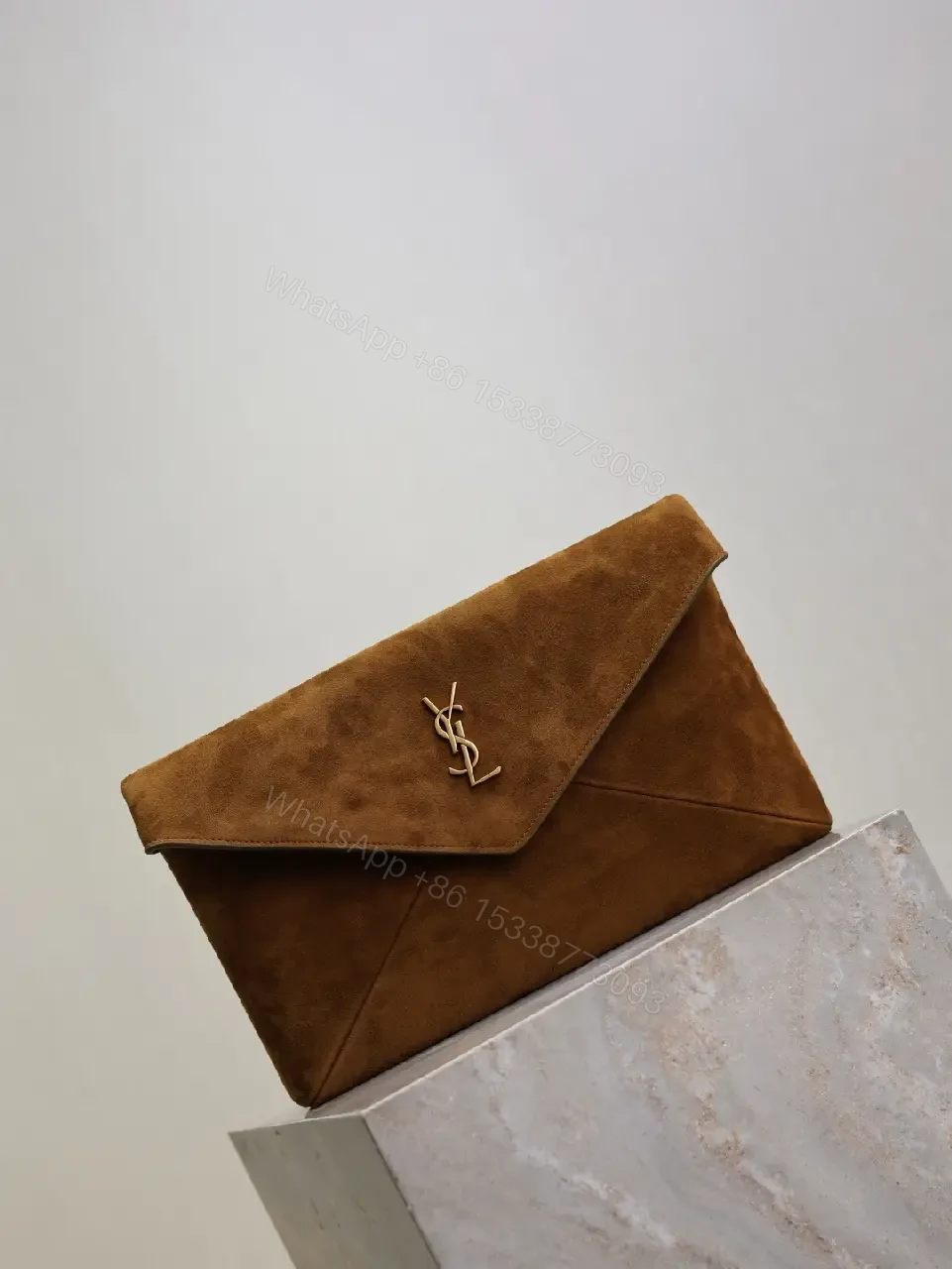 View 3 of Chocolate Suede Envelope Clutch with Gold Hardware