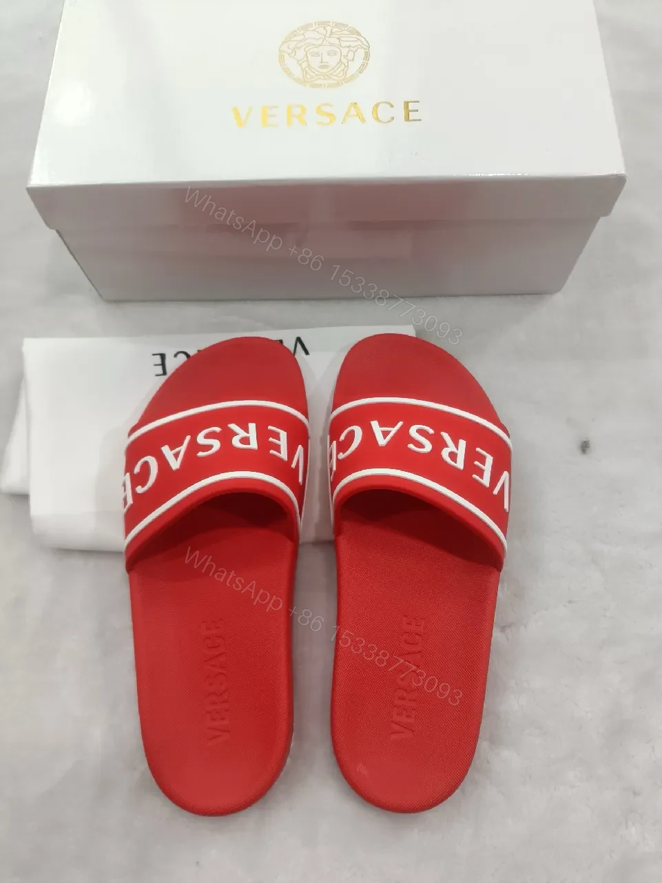 View 4 of Red Velour Slip-Ons with Bold Logo Band