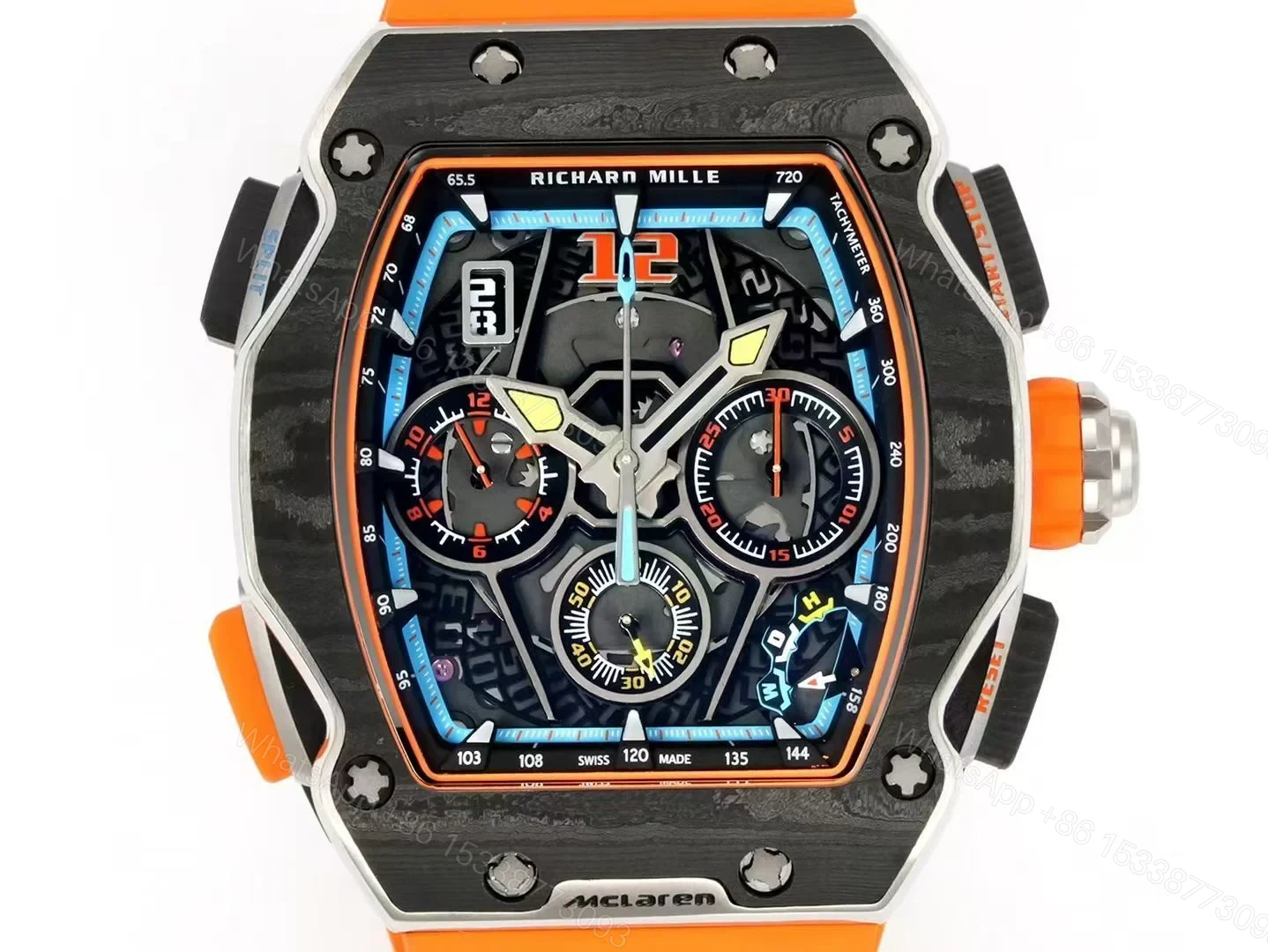 View 5 of Richard Mille RM65-01 McLaren W1 Automatic Chronograph Watch Orange Strap Carbon TPT Titanium Skeleton Dial RMAC4 Movement Premium Edition RM65-01-MCL-W1-ORG