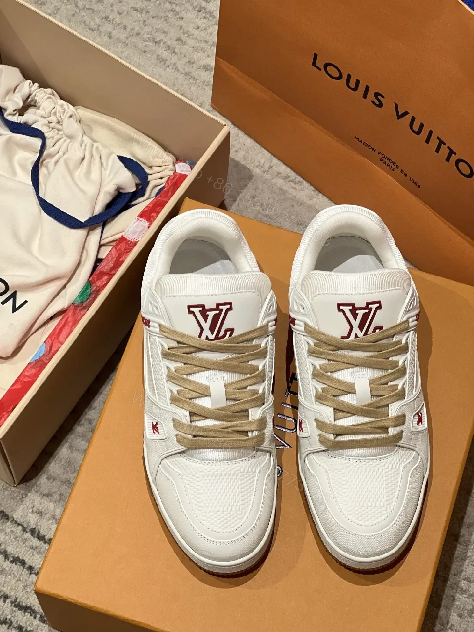 View 6 of Off-White-Style White Leather Sneakers with LV Detailing, Low-Top