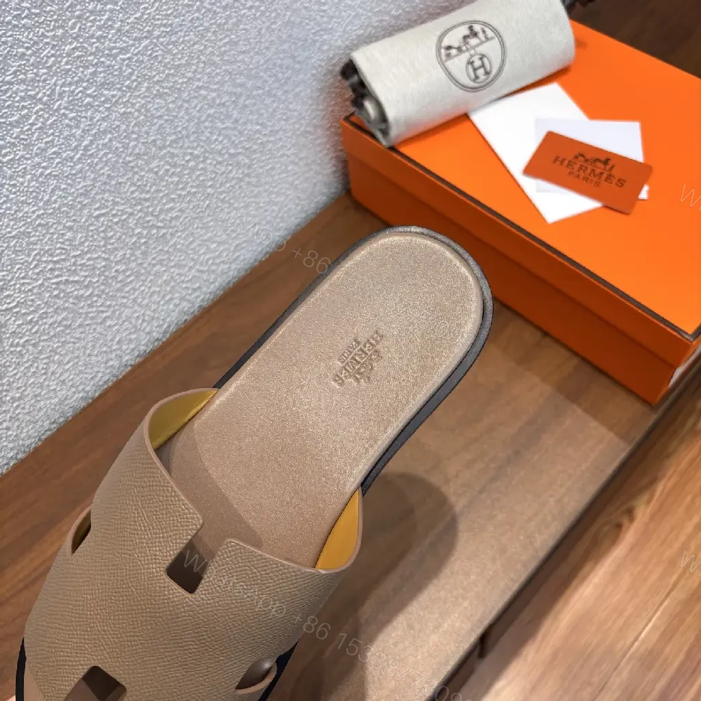 View 3 of Beige Leather Hermès-Style Slide Sandals with Cutout Strap
