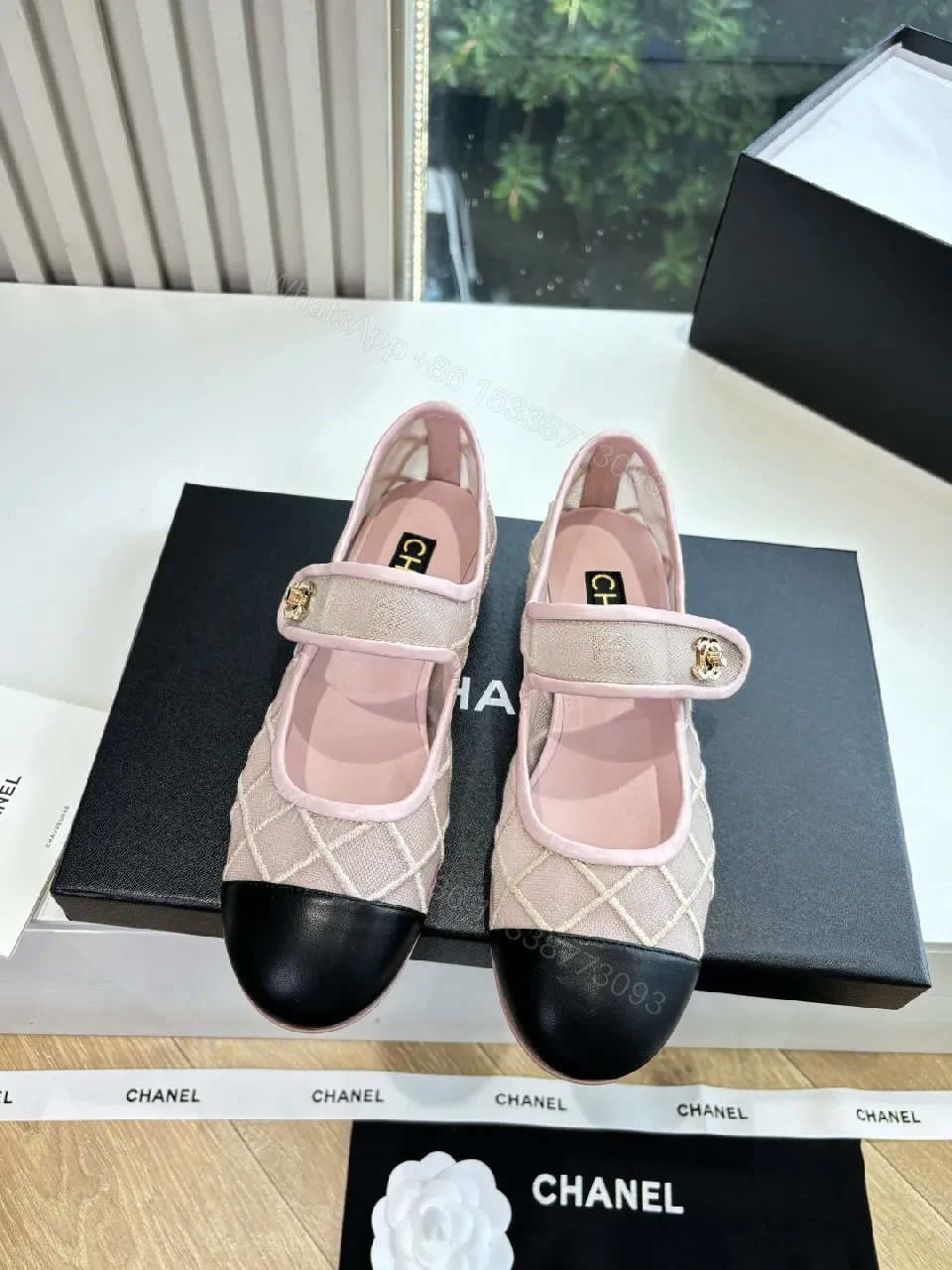 View 8 of Pink Quilted Mary-Jane Flats with Black Cap Toe