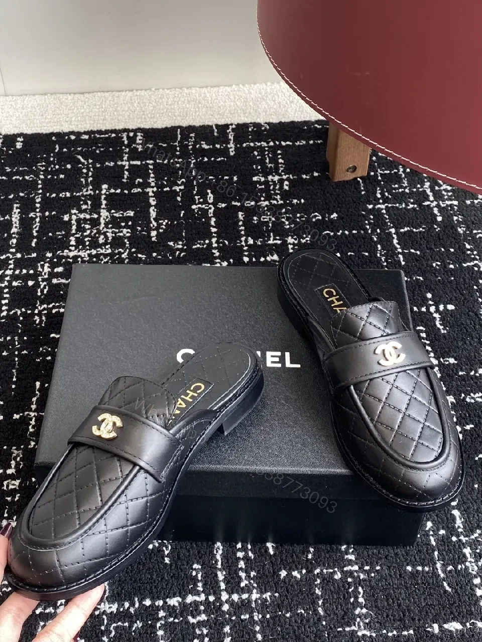 View 4 of Quilted Leather Mules with Gold Logo — Black, Premium Style