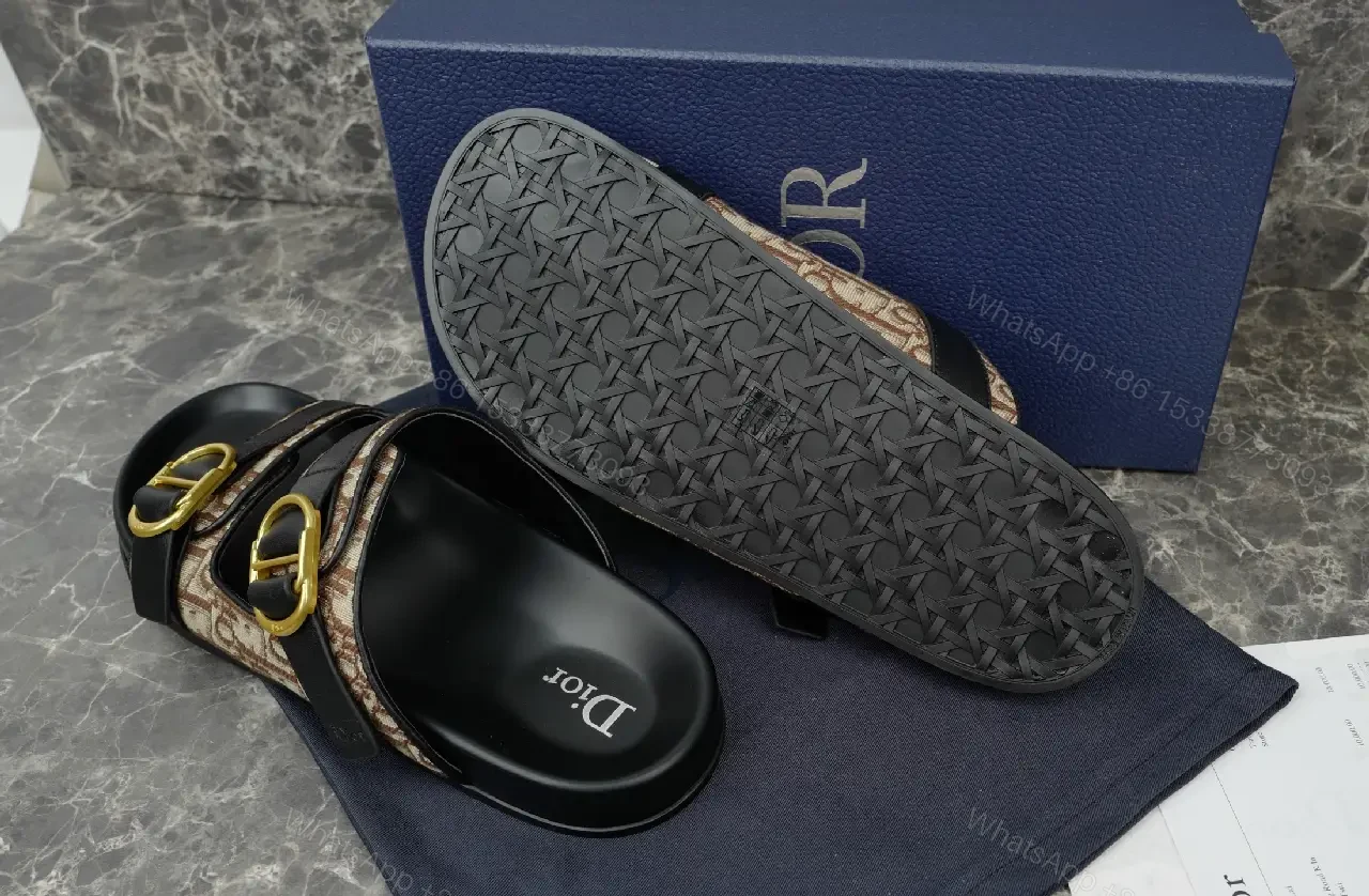View 2 of Beige Dior Monogram Strappy Slide Sandals