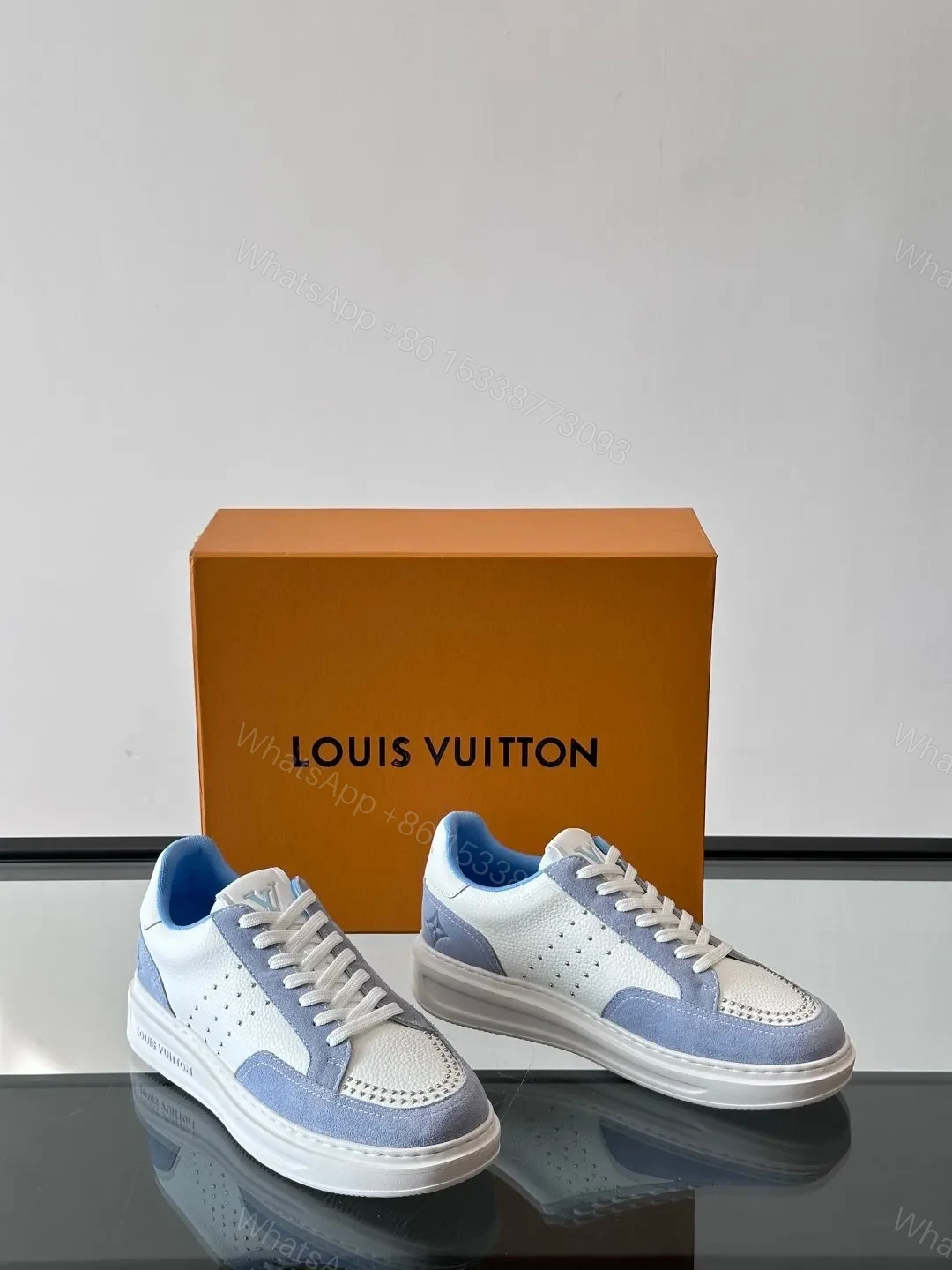 View 5 of LV Men White Blue Leather Suede Sneakers