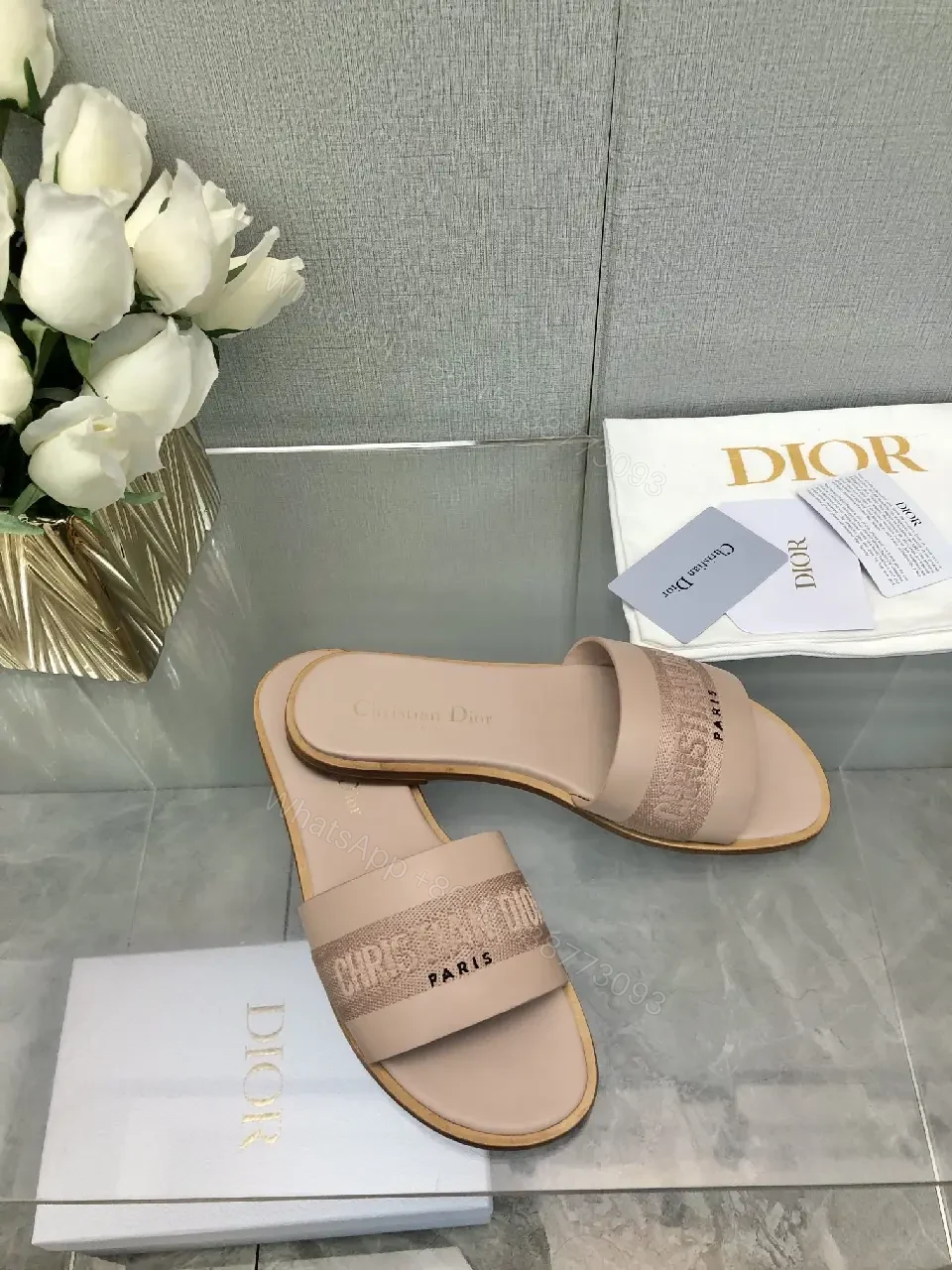 View 6 of Pink Beige Leather Slide Sandals with Dior Band - Paris Theme
