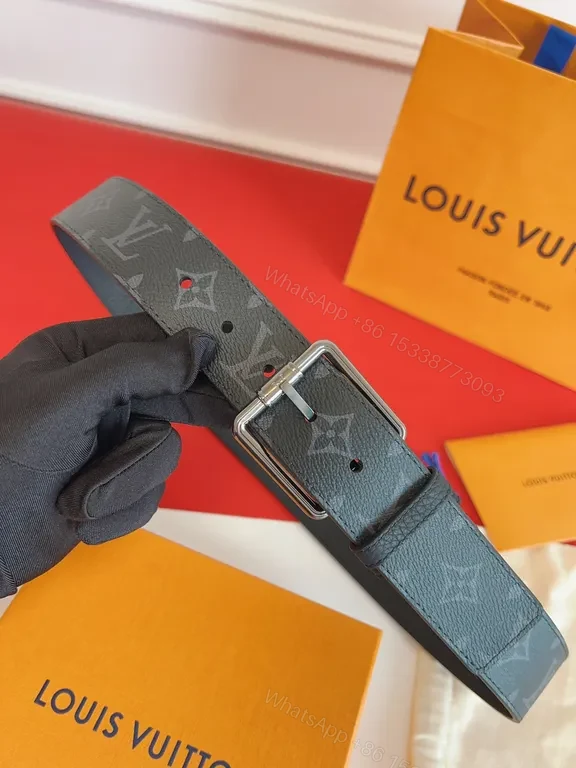 View 2 of Patterned LV Monogram Leather Belt with Silver Buckle - Luxury Style