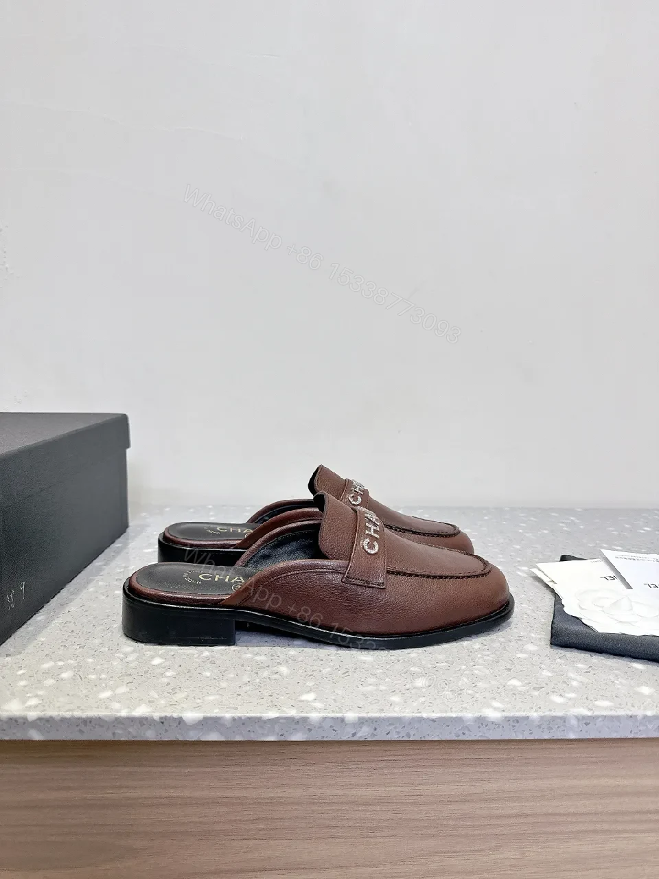 View 8 of Brown Leather Mules + CHANEL Strap + Minimalist Couture + Memory-Foam Comfort + Mules