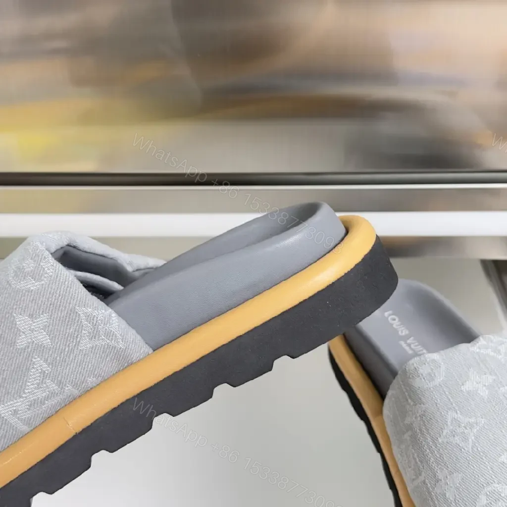 View 5 of Soft Denim Monogram Slides with Leather Accent — Everyday Luxury
