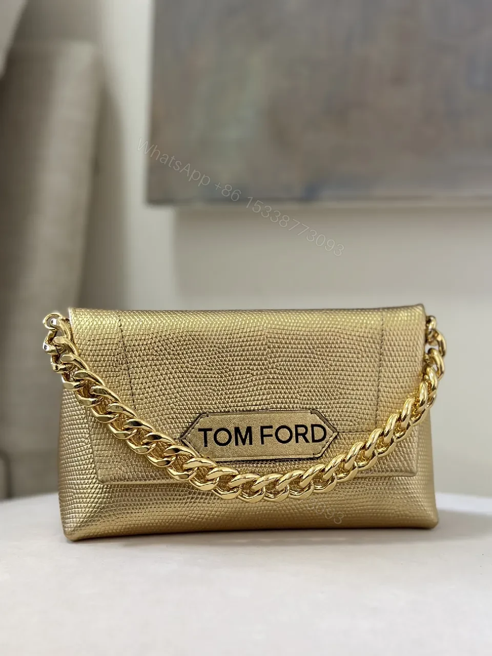 View 5 of Textured Leather Mini Bag with Bold Gold Chain Accent