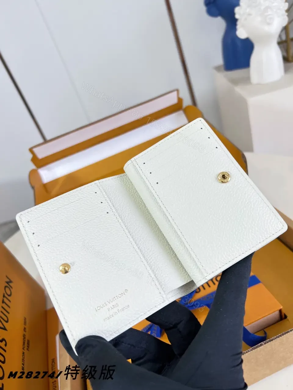 View 4 of White Pebble Leather Monogram Wallet: Slim Luxe Compact