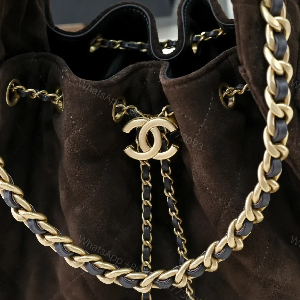 View 2 of Dark Chocolate Suede Bag with Gold Chain Detail, Flap Style Bag