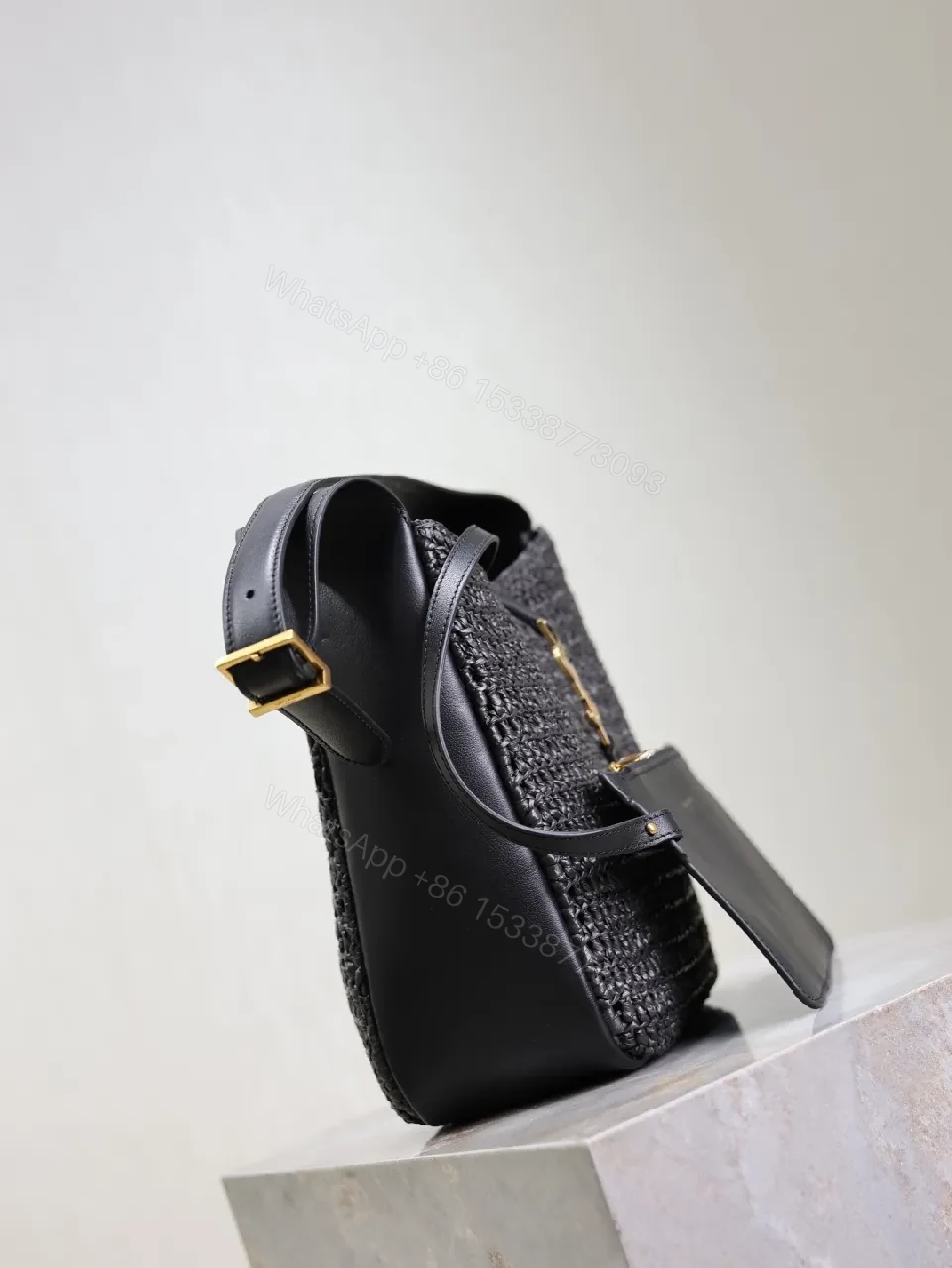View 5 of Compact Woven Leather Hobo with Chain-Accent Black Leather Bag