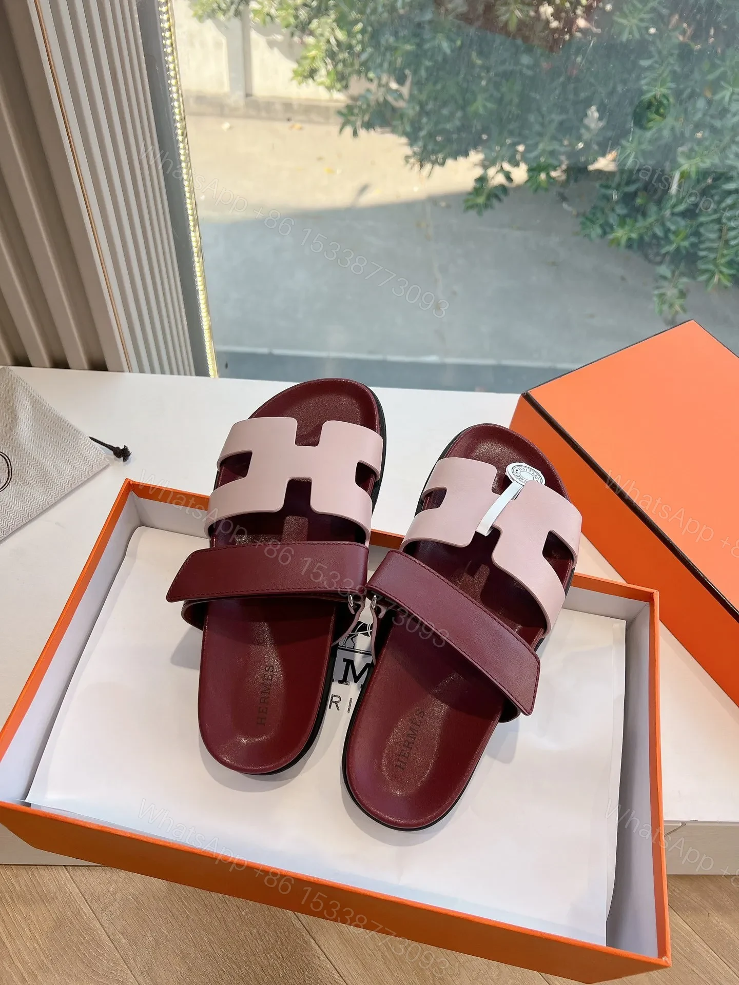 View 4 of Hermes Women Burgundy Leather Pink Accent Sandals