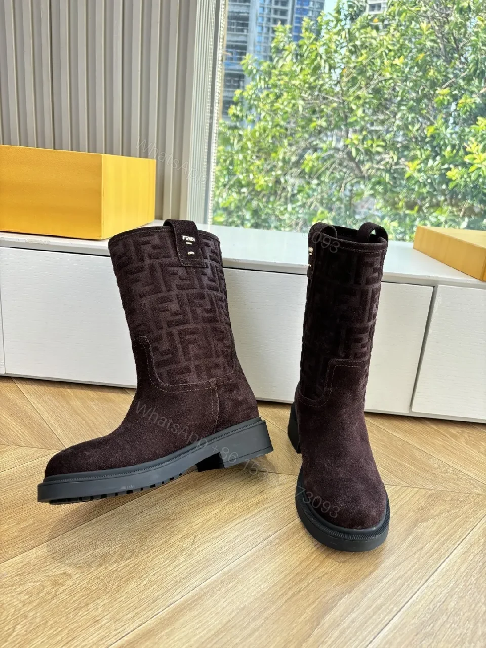 View 6 of Dark Velvet-Texture Boots with Monogram Detail: Suede, Mid-Calf, All-Season Luxe Shoes