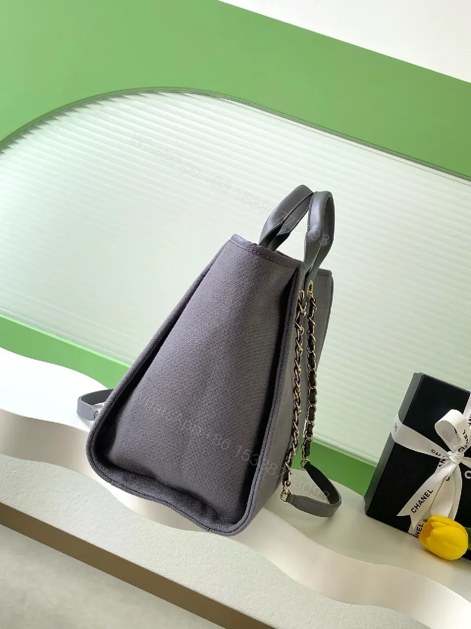 View 6 of Charcoal Canvas Tote: Leather Handles, Chain Accent, Structured Designer-Inspired Tote