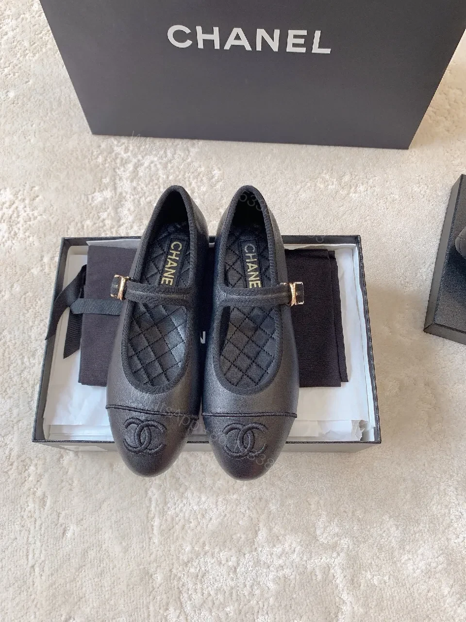 View 6 of Black Leather Mary Jane Flats with Logo Embroidery