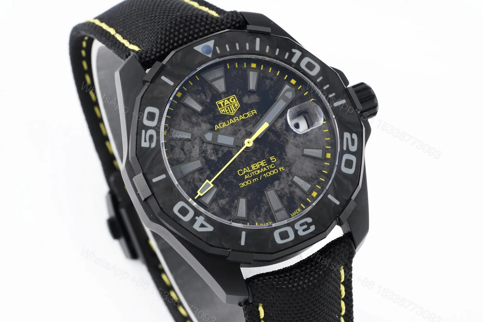 View 2 of V6 Factory TAG Heuer Aquaracer Black Dial Yellow Stitching Fabric Strap Watch – Super Night Glow, 100m Water Resistant, SW200 Movement