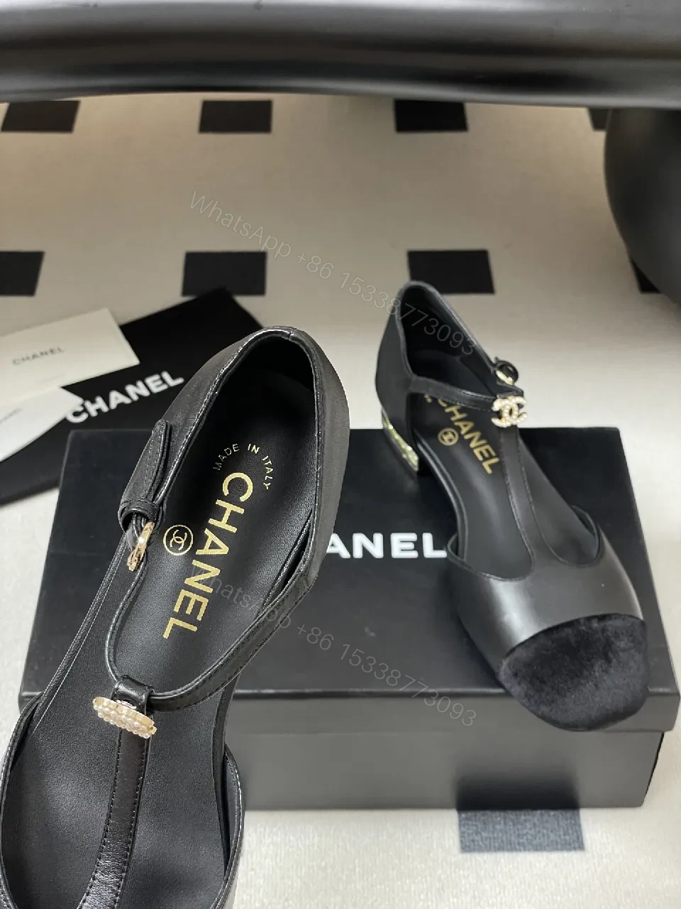 View 6 of Black Leather Velvet Toe Mary Jane Pumps with Pearl Accent Details