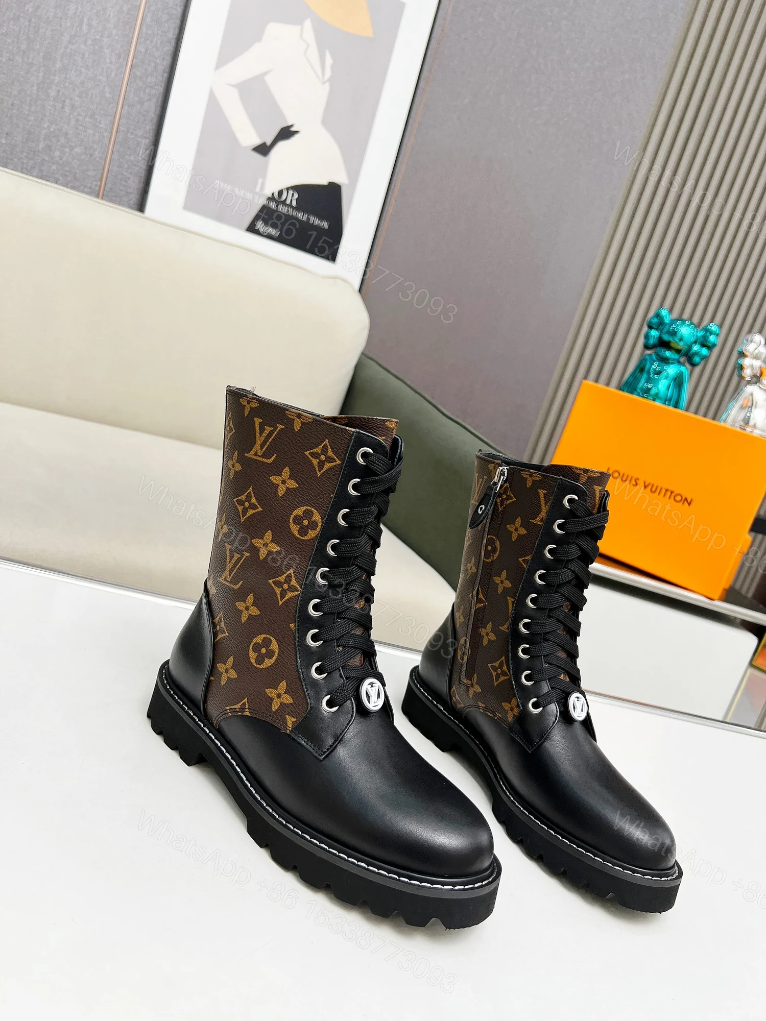 LV 高仿Monogram拼接高筒軍靴 女士厚底時尚馬丁靴 — view 1