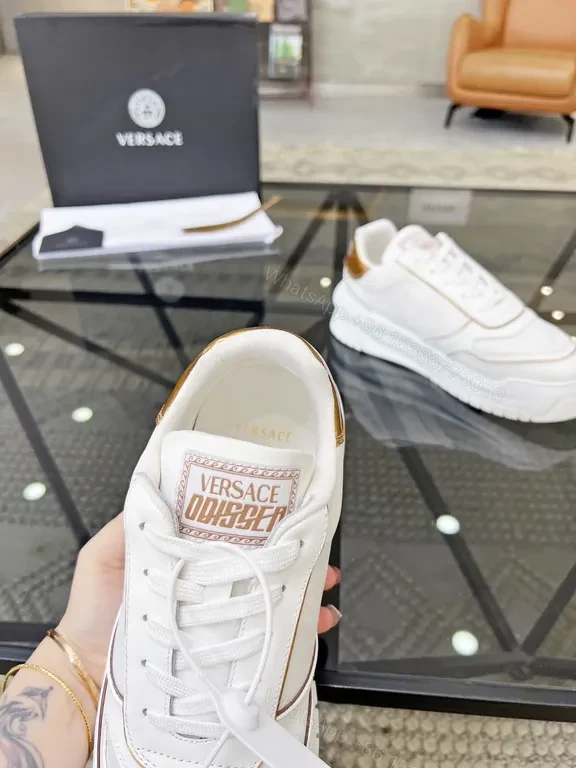 View 5 of White Leather Luxe Sneaker with Gold Accents, Versace-Inspired