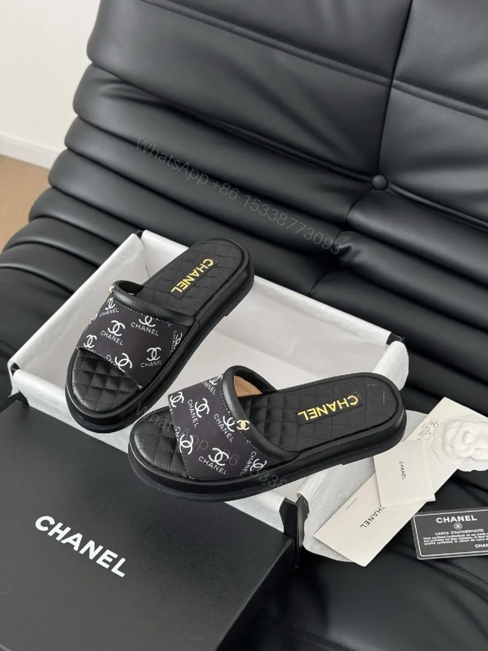 View 6 of Black quilted slide sandals, faux leather, luxe casual, cushioned footbed, slide sandal
