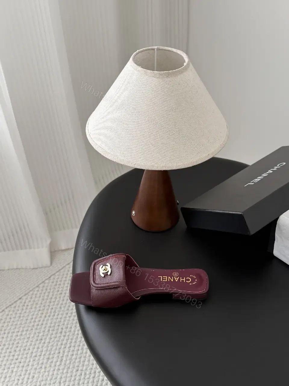 View 5 of Burgundy Leather Slides – Gold Logo Hardware, Premium Comfort