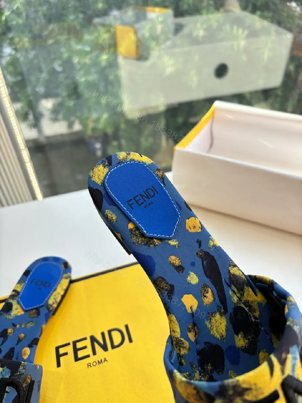 View 2 of Blue Camouflage Slides with Logo Strap – All-Day Comfort, Designer Style