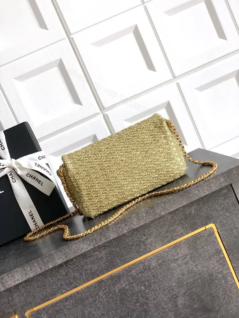View 3 of Gold Glitter Clutch with Iconic Logo, Lux Evening Bag