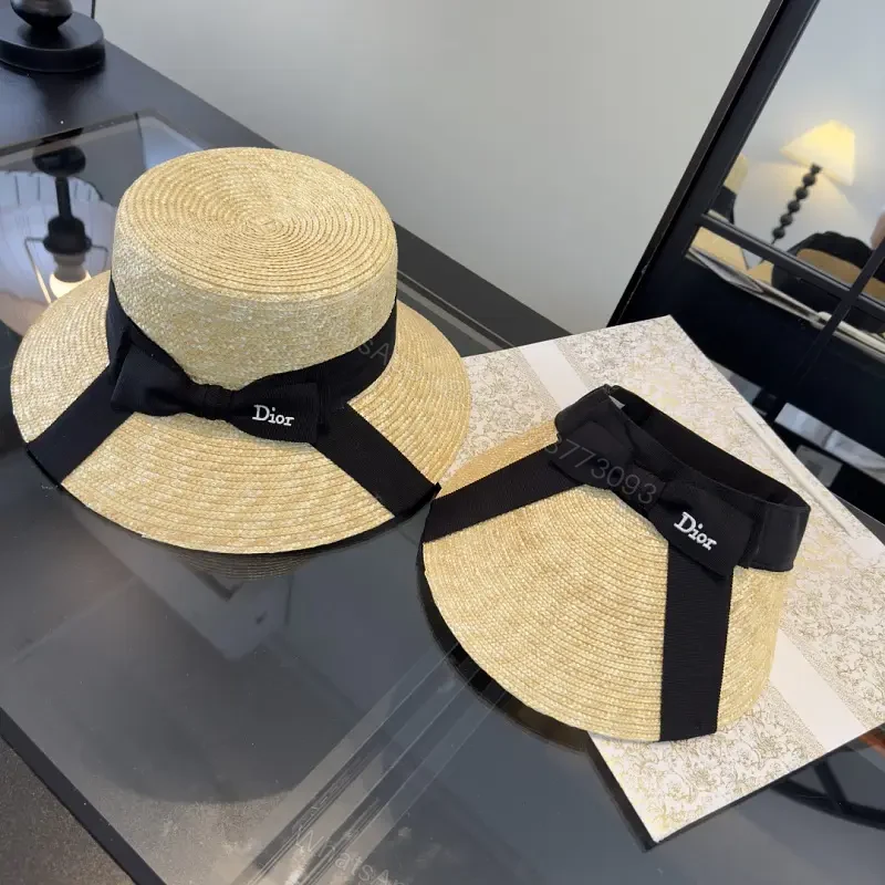 Beige Straw Chic Sun Hat Visor, Woven, Faux Dior Ribbon — view 1