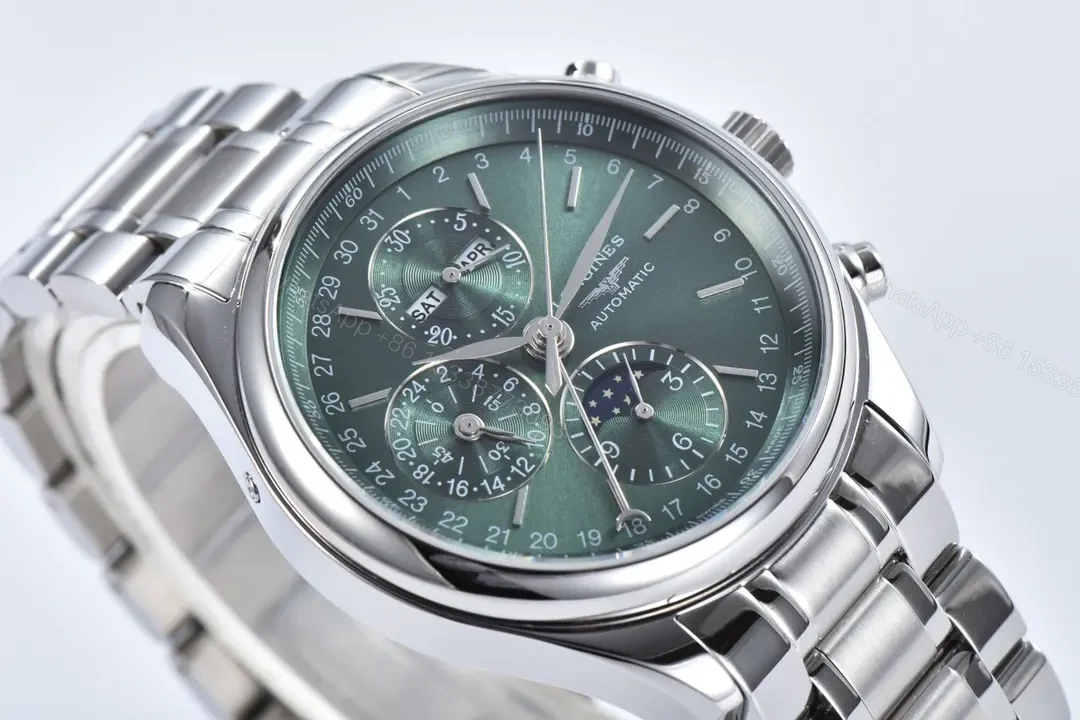View 4 of Longines Master Collection Moon Phase Chronograph Watch Silver Stainless Steel with Green Dial 42mm