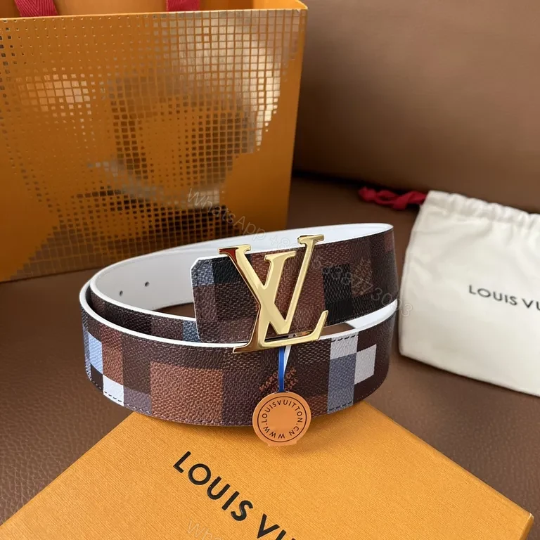 View 4 of Statement Pattern Leather Belt with LV Buckle - Luxury Brown/Black Belt